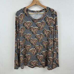 LOGO Lori Goldstein Tunic Top L Blue Green Leaf Print Stretch Long Sleeve